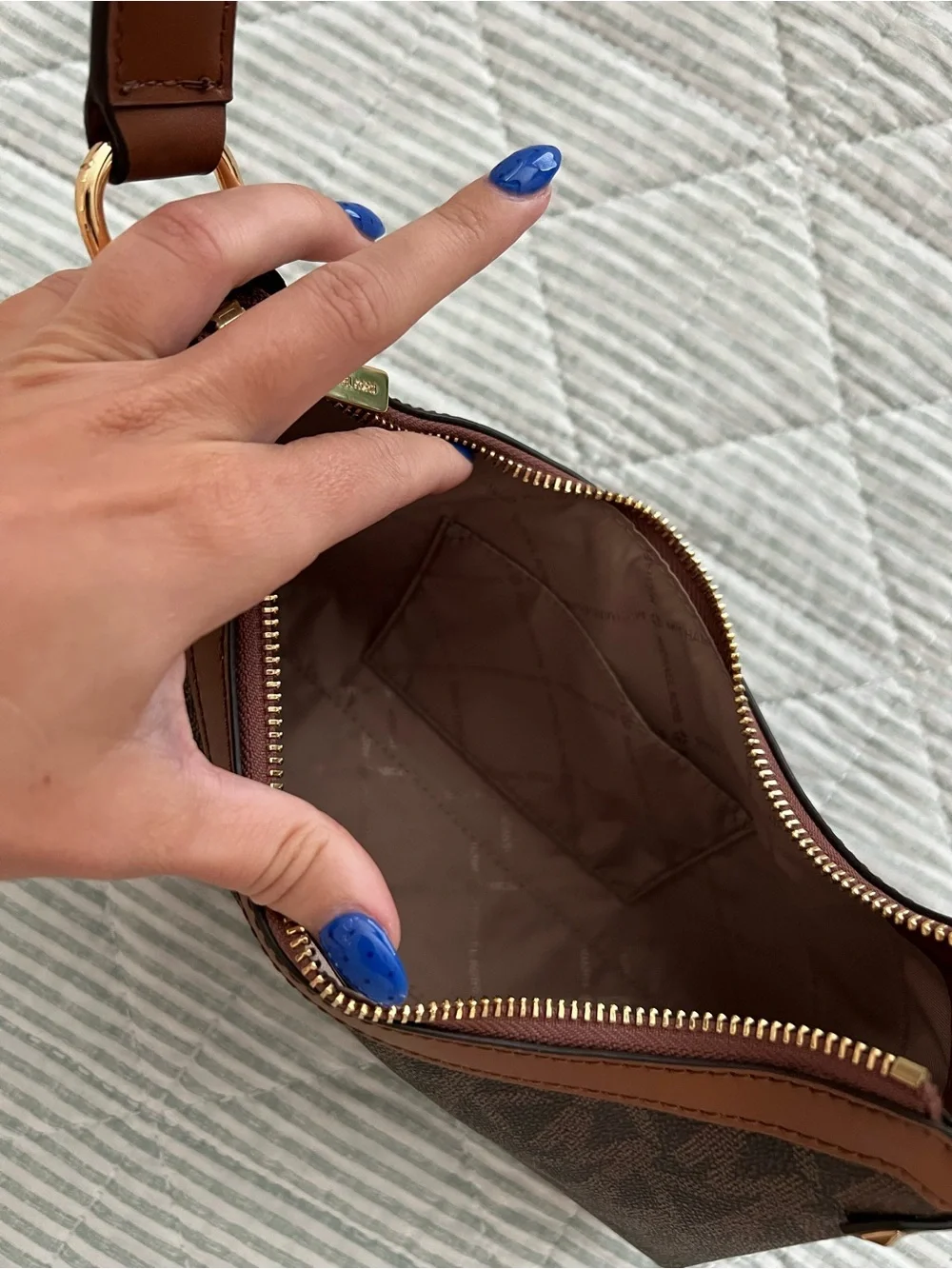 Michael Kors Dark Brown Monogram Shoulder Bag with Gold Hardware